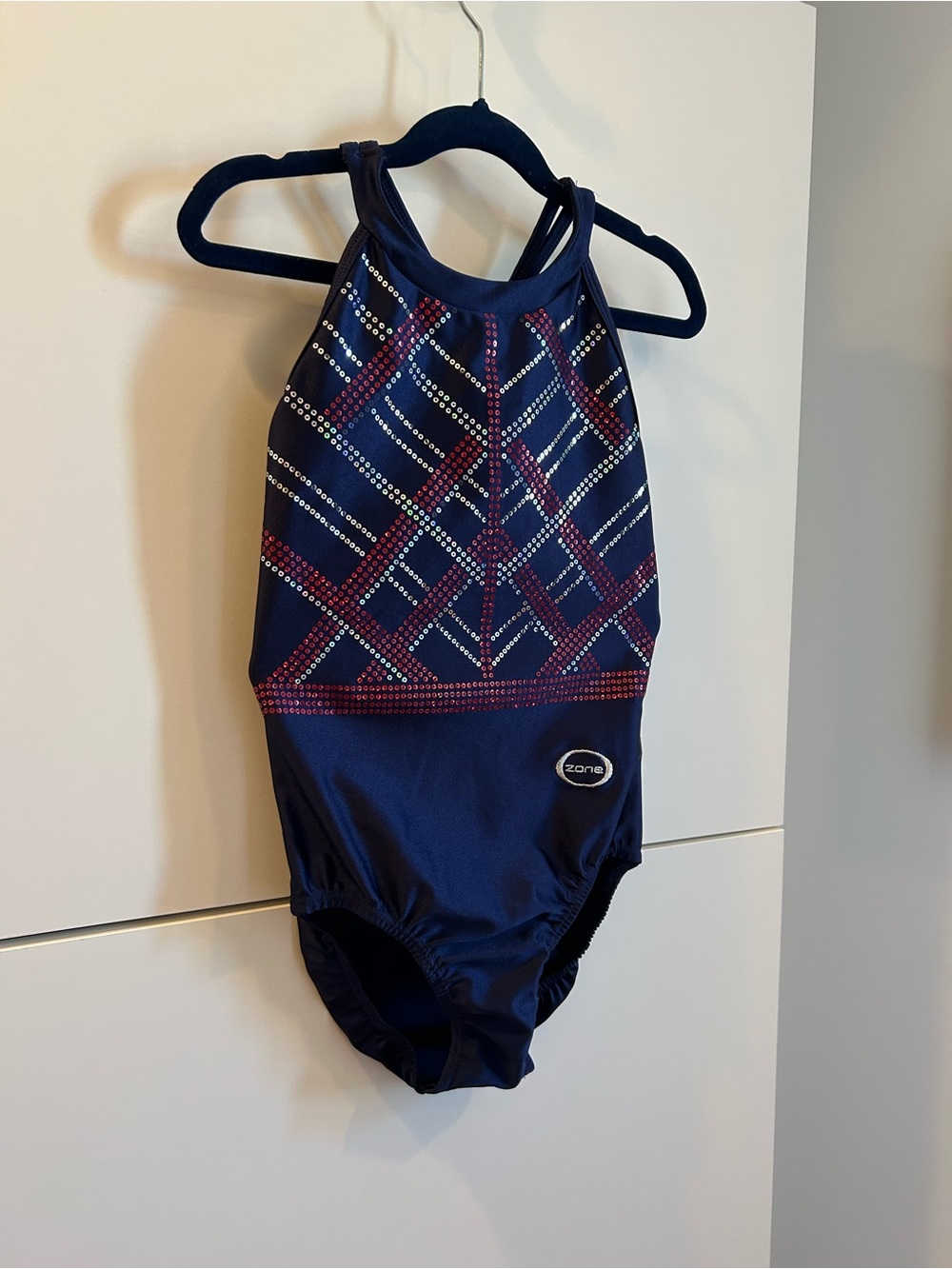 Zone Navy Leotard with Red & Silver Geometric Sequins - Adult Small - Picture 3 of 8
